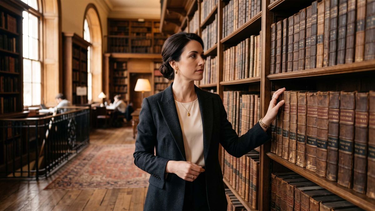 Elegant woman studying antique anatomy books in a historical medical library, illustrating the history of the wandering womb theory in women's medicine