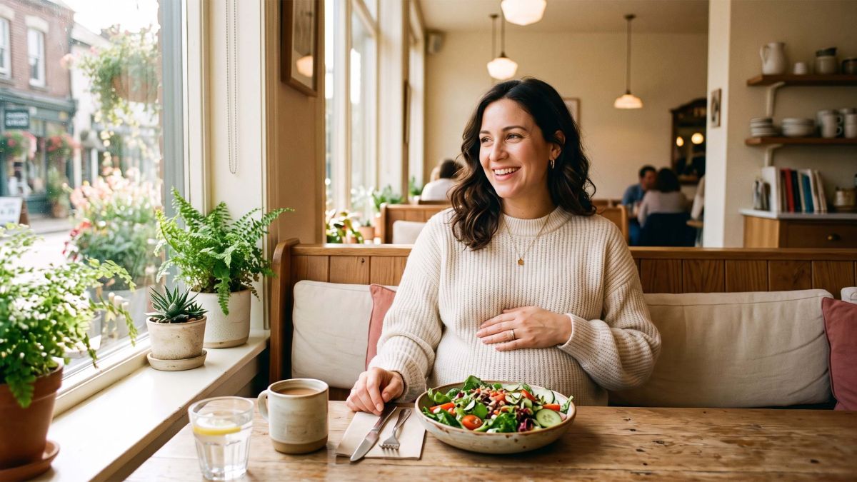 Pregnant woman smiling in a sunlit café with a fresh salad, the legendary labor-inducing salad from Caioti