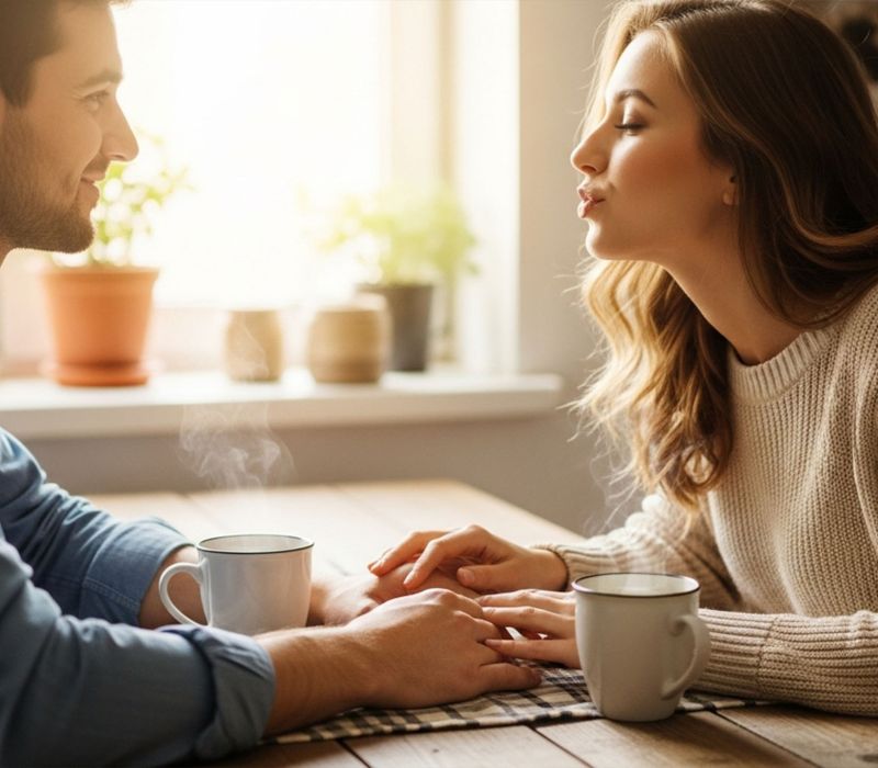 Woman and man sharing a quiet romantic moment over coffee, highlighting the power of small everyday gestures.