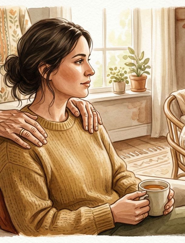 A grandmother supporting a new mother and her infant in a warm home setting.