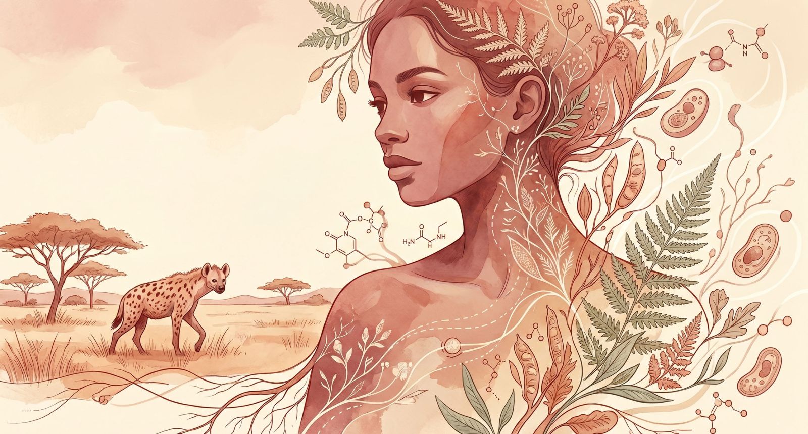 Soft editorial illustration of a woman in profile surrounded by botanical elements and subtle scientific diagram overlays representing hormones and biology