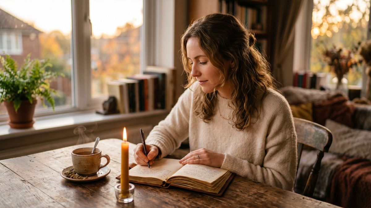 Woman sitting at a quiet table writing in a journal by candlelight, reflecting on rebuilding trust in her relationship