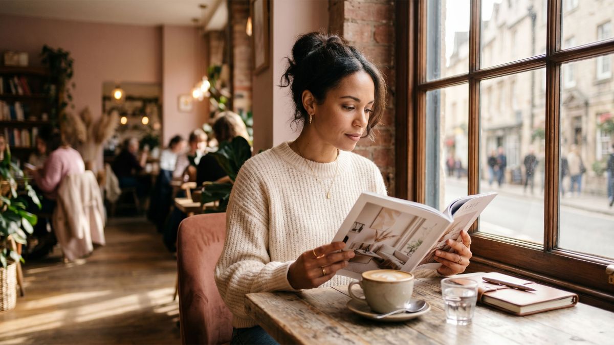Woman sitting thoughtfully at a café window reading a magazine, soft natural light, contemplative expression, warm tones