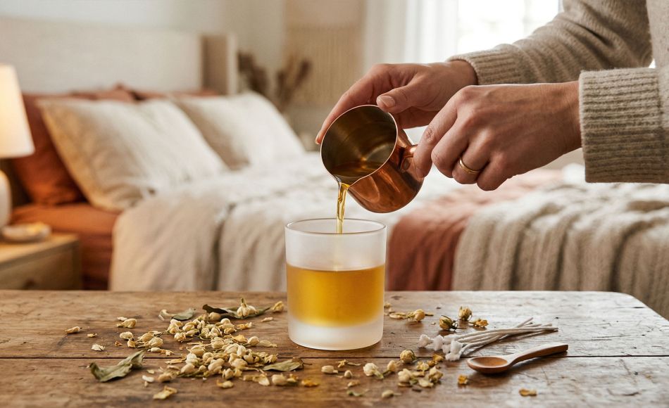 A woman crafting a scented soy candle for a romantic date night.