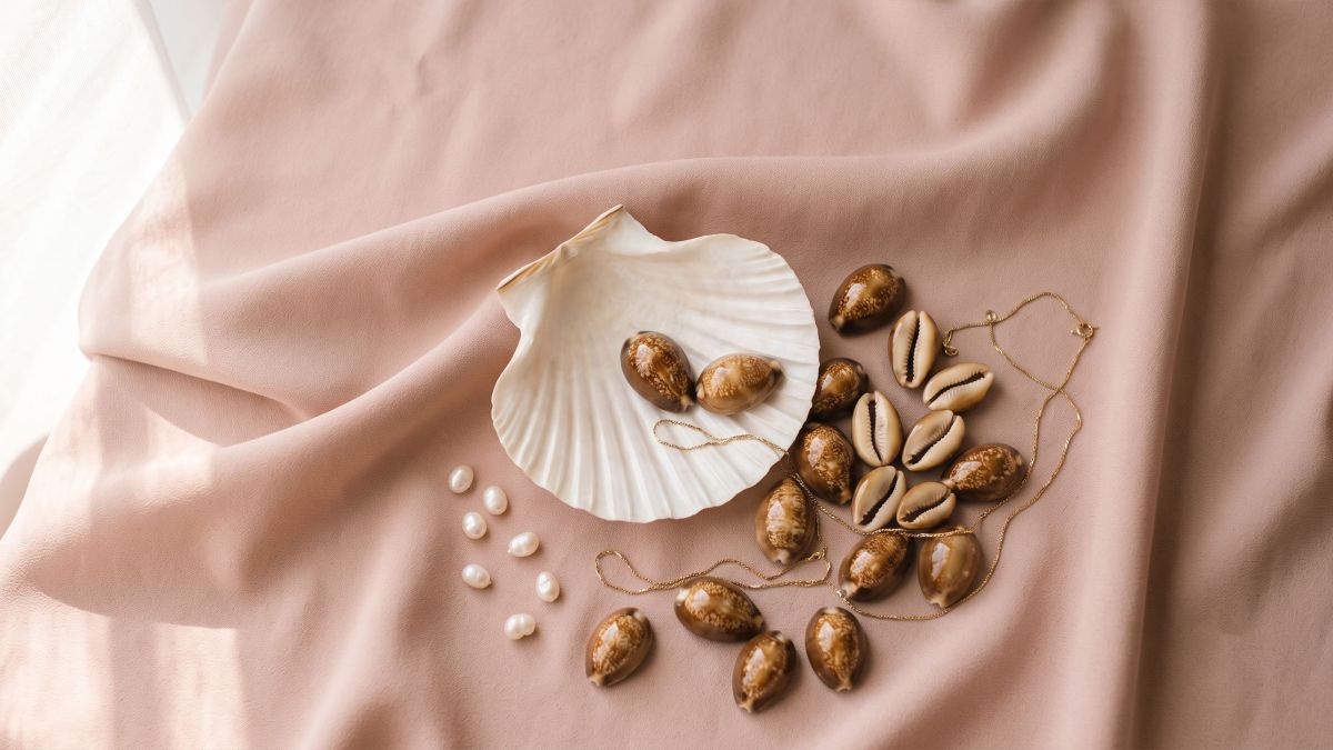 Scallop and cowrie shells with pearls and gold on blush silk, symbols of the goddess and sacred feminine in ancient cultures