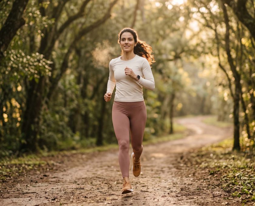 Woman running at golden hour, illustrating how the female body burns fuel differently from men