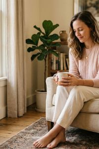 A calm, confident woman in soft natural light, representing body awareness and self-knowledge