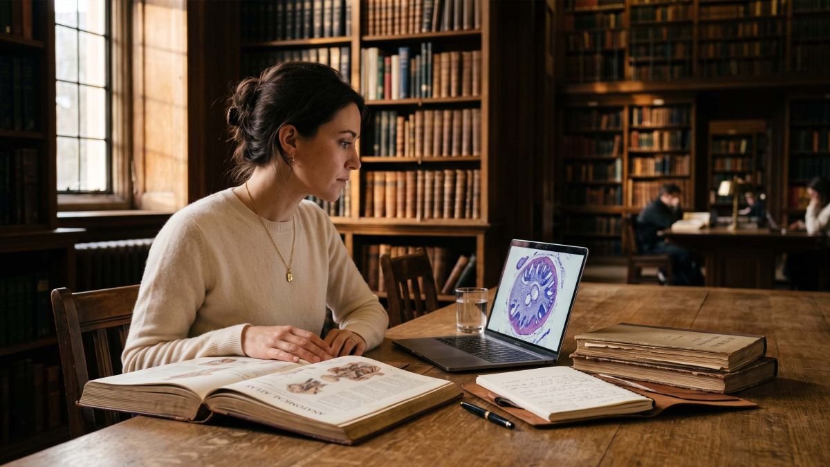 Woman researching the 2023 clitoral nerve count study in a medical library, with an anatomical atlas and stained nerve tissue on screen