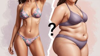 Konzeptionelles Bild, das die Dichotomie zwischen unrealistischen Schlankheitsstandards und dem neuen Medientrend der Körperabsurdität und extrem ungesunder Werbung veranschaulicht.