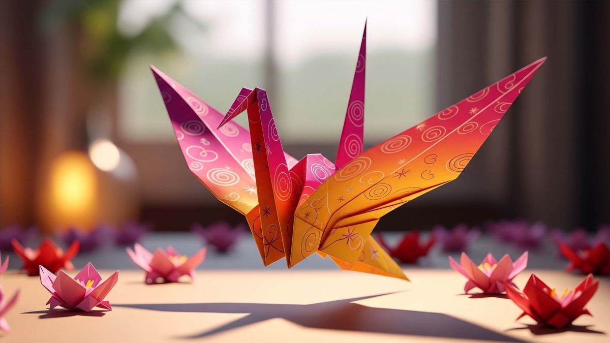 Ein lebendiger Origami-Kranich symbolisiert die Liebe.