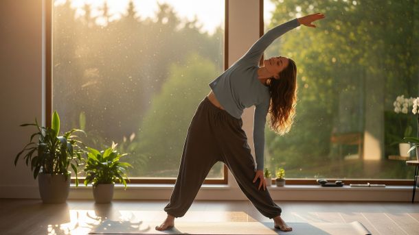 Eine Frau in einer ruhigen Umgebung, die eine sanfte Yoga-Haltung praktiziert, um die natürliche Stresslinderung bei PMS zu veranschaulichen.