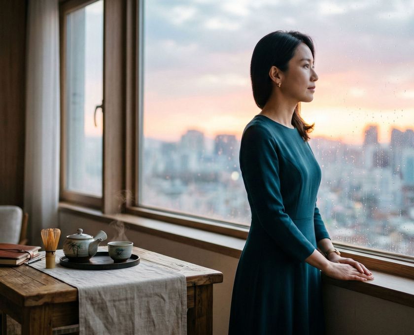 Eine nachdenkliche asiatische Frau als Symbol für das Gleichgewicht zwischen modernem Leben und traditionellen kulturellen Werten der Intimität.