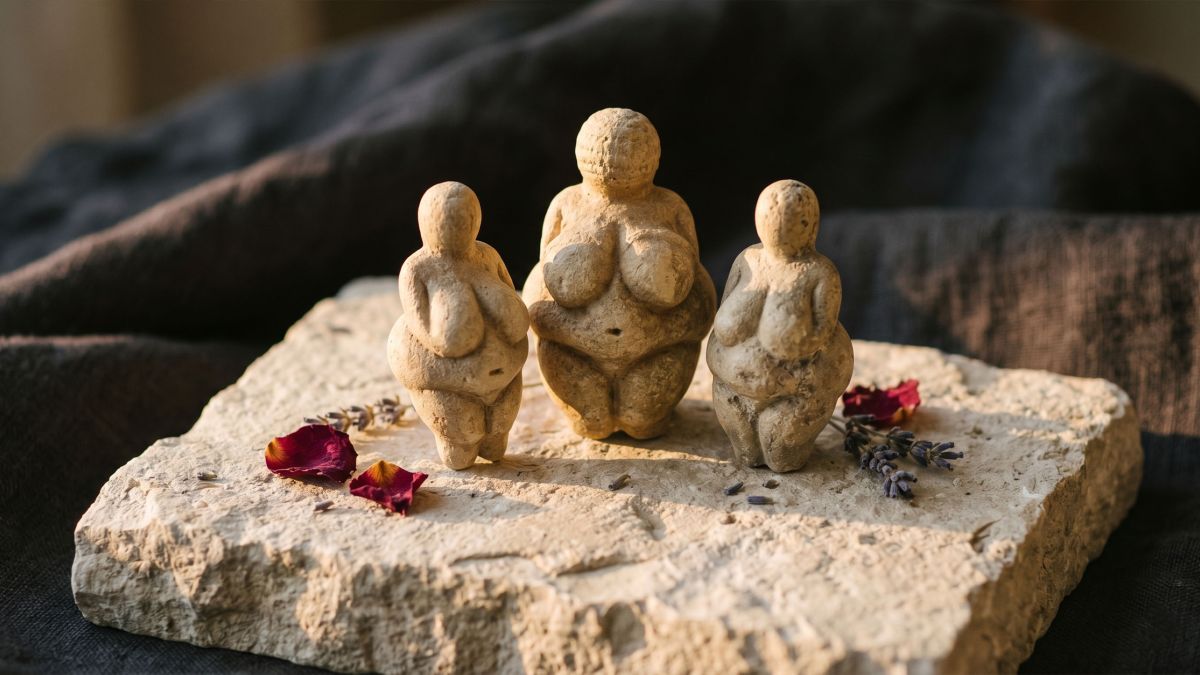 Antike Venusfiguren und heilige weibliche Symbole aus Weltkulturen auf Naturstein mit warmem Licht
