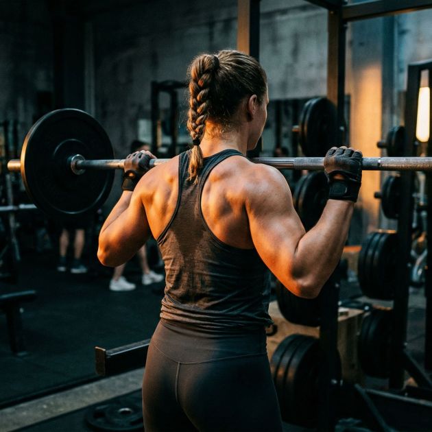 Starke weibliche Athletin beim Training im Fitnessstudio, Rückansicht mit definiertem Rücken- und Armmuskeln bei dramatischem Seitenlicht