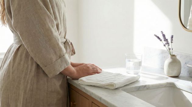 Elegante Marmor-Badezimmerkommode als Symbol für natürliche und reine feminine Hygienerituale.