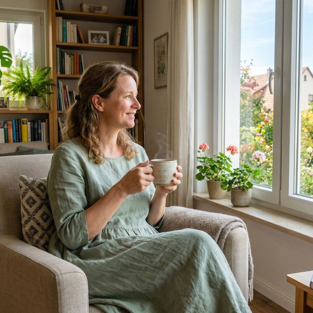 Eine ruhige Frau genießt einen stillen Moment in einem hellen, sauberen Zuhause.