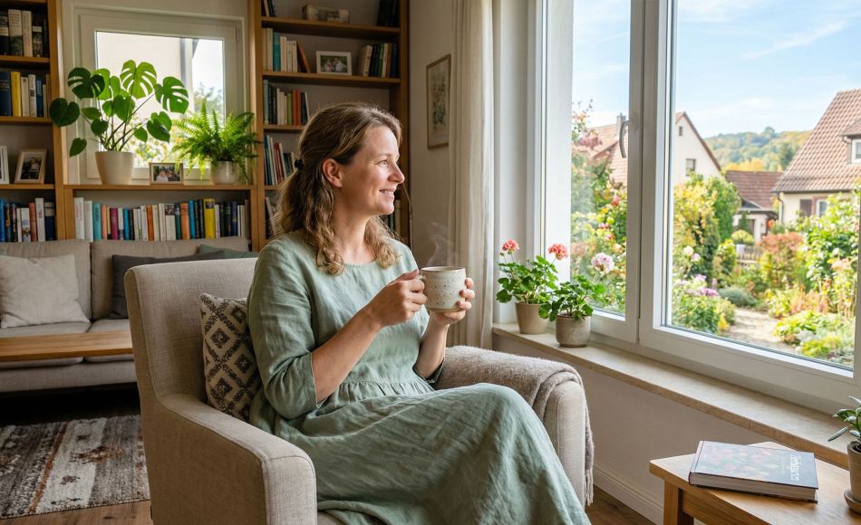 Eine ruhige Frau genießt einen stillen Moment in einem hellen, sauberen Zuhause.