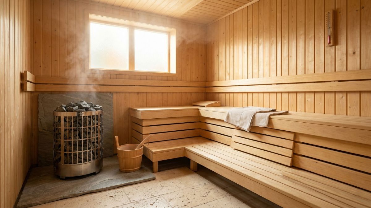 Warmer Holzsauna-Innenraum mit natürlichem Licht — Symbol für Körperakzeptanz weltweit