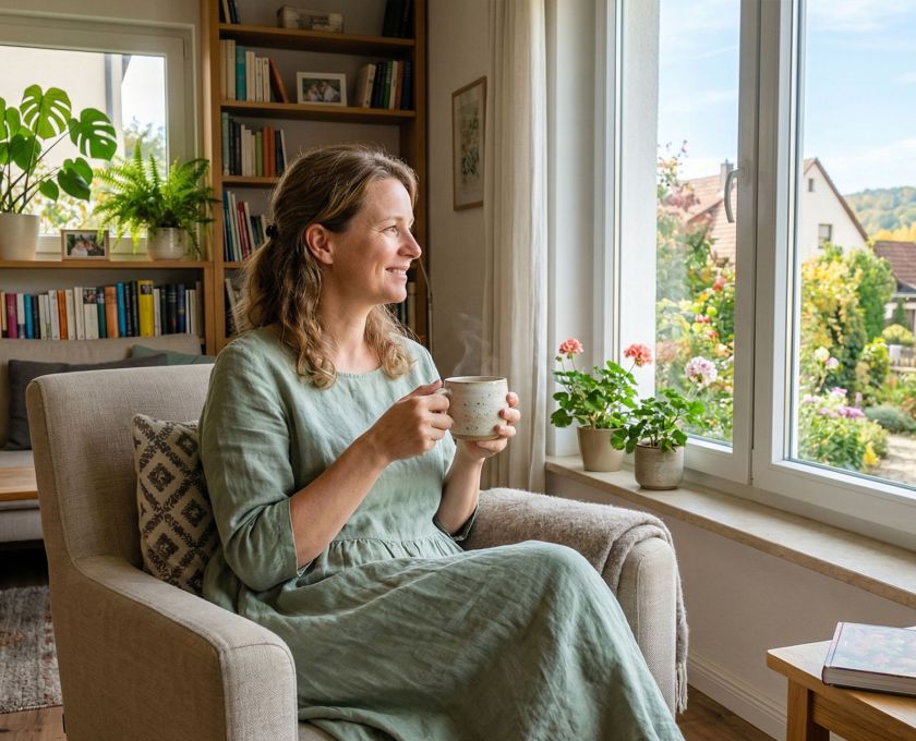 Eine ruhige Frau genießt einen stillen Moment in einem hellen, sauberen Zuhause.