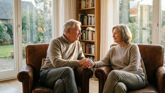 Ein Ehepaar, das zusammensitzt und eine sichere, stabile eheliche Bindung darstellt.