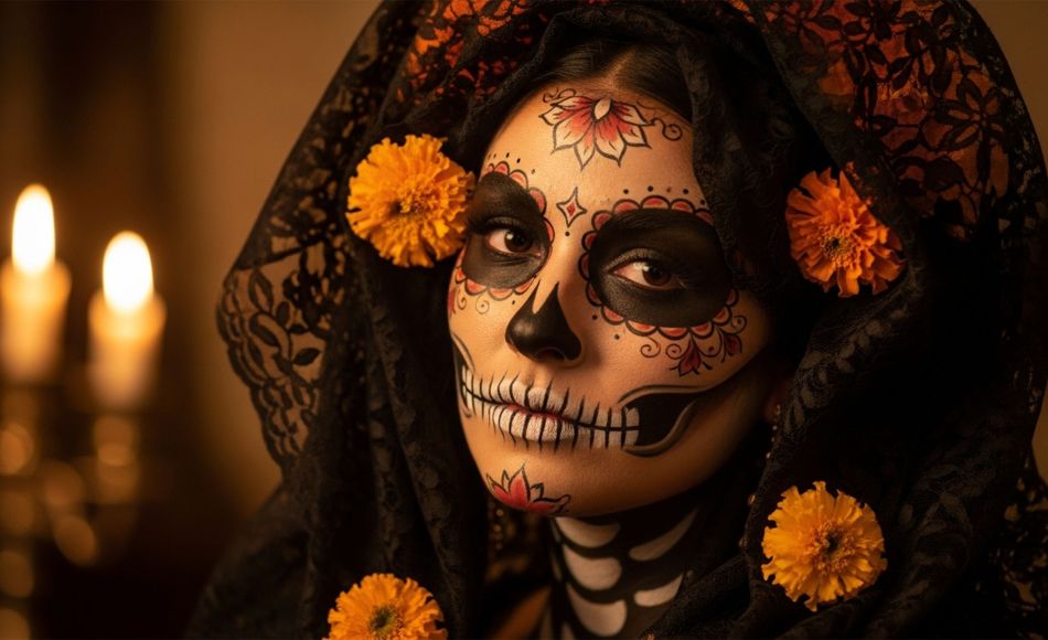 Elegantes La-Catrina-Porträt mit Spitzen-Schleier, Ringelblumen und Kerzenlicht