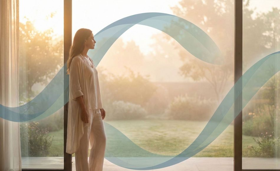 Una mujer reflexionando en luz suave, simbolizando el equilibrio hormonal y la energía.