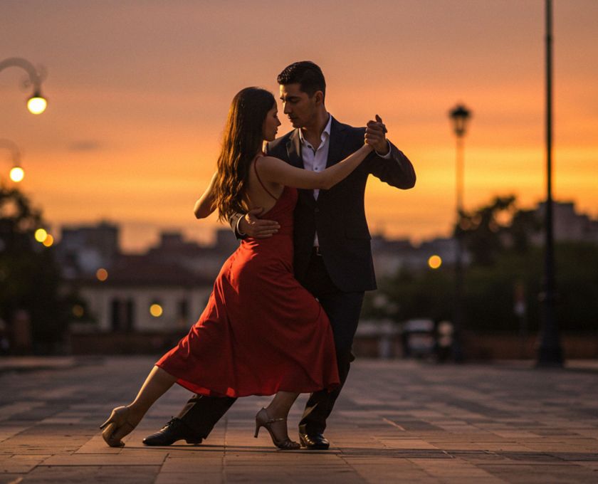 Pareja sudamericana bailando tango al atardecer