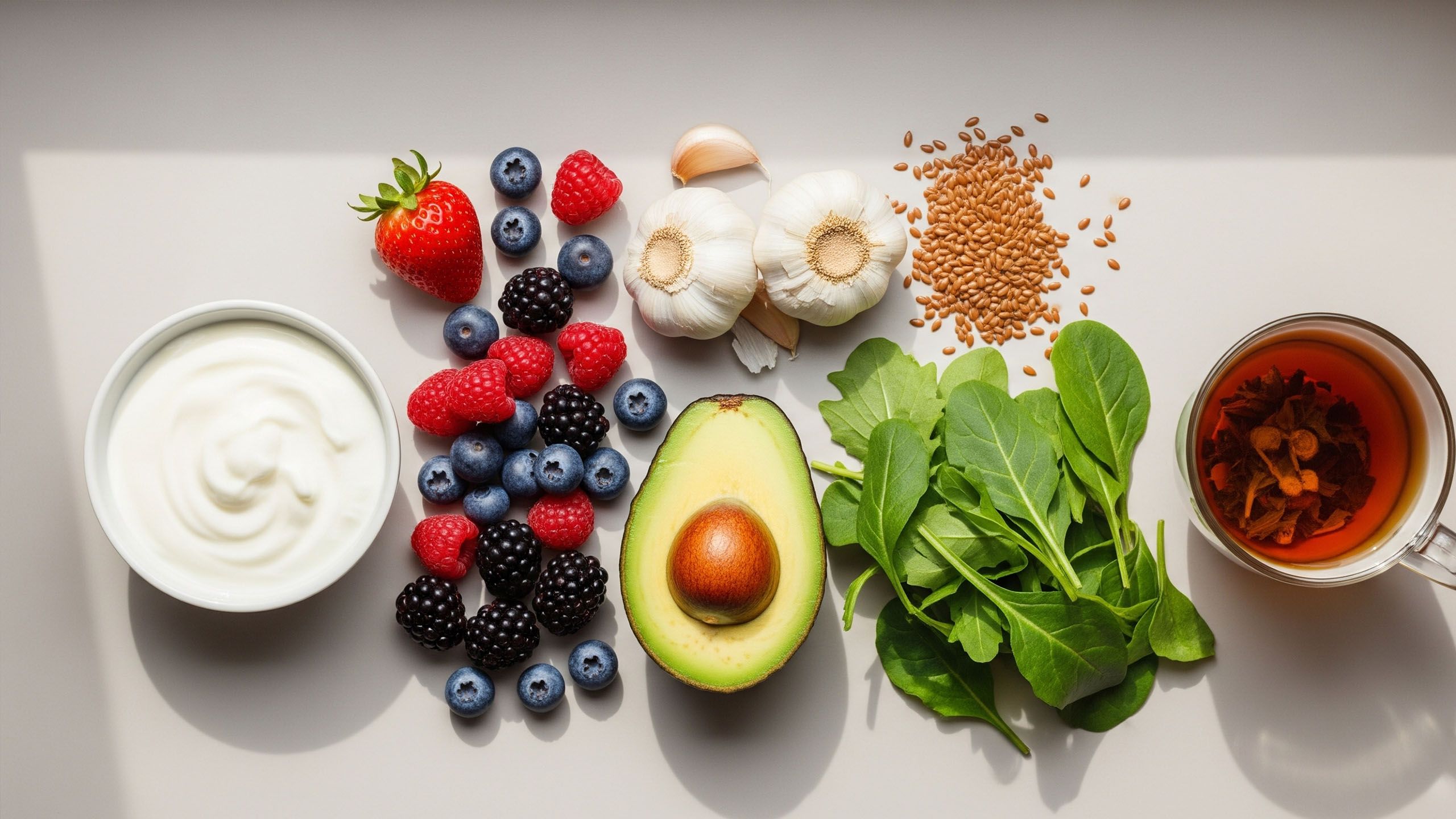 Alimentos que promueven la salud vaginal y el equilibrio hormonal como yogur, aguacate y frutos rojos.