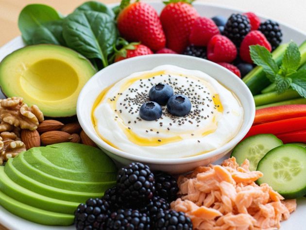 Surtido de alimentos nutritivos que apoyan la salud vaginal y el equilibrio del microbioma