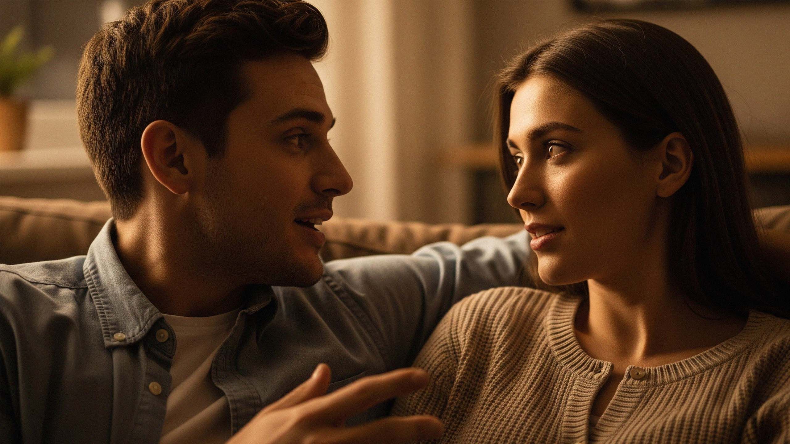 Una pareja practicando la escucha activa, un miembro de la pareja habla mientras el otro escucha con atención.