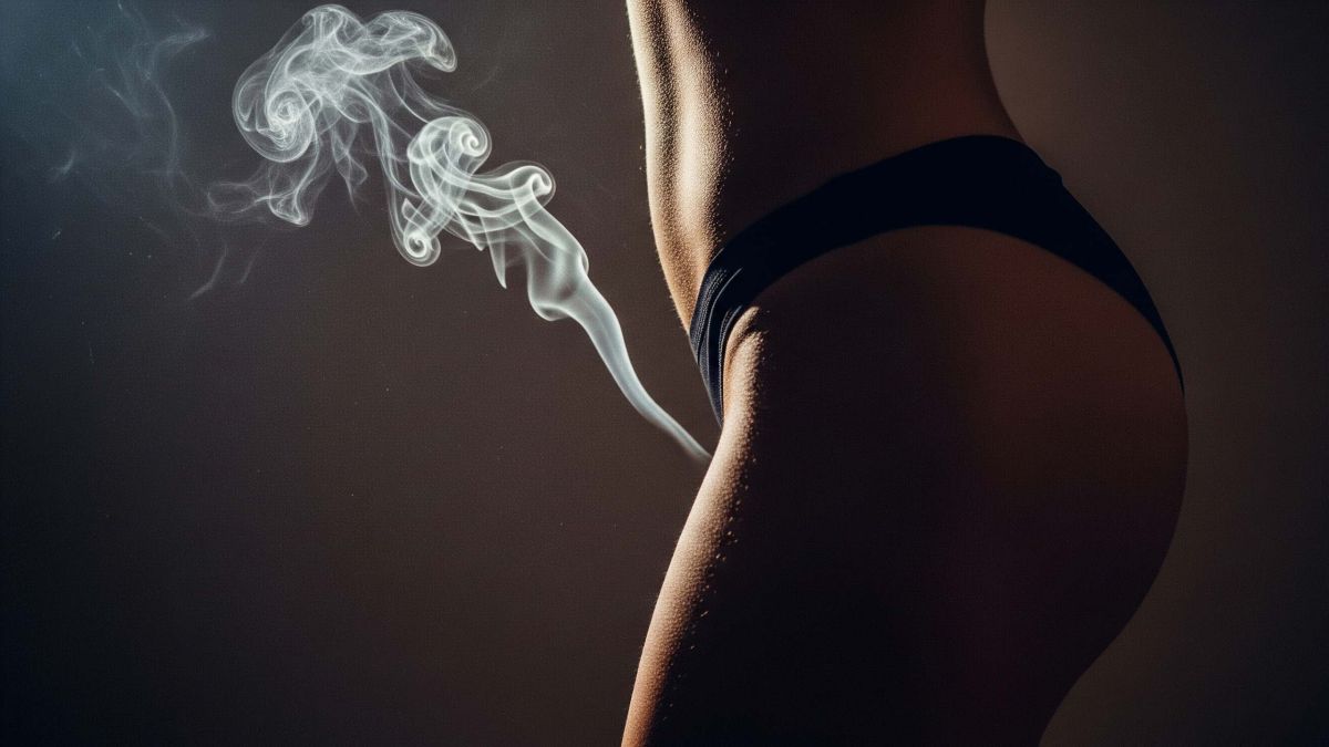 Silueta del torso inferior de una mujer con una voluta de humo — foto conceptual para artículo sobre prácticas corporales extrañas.