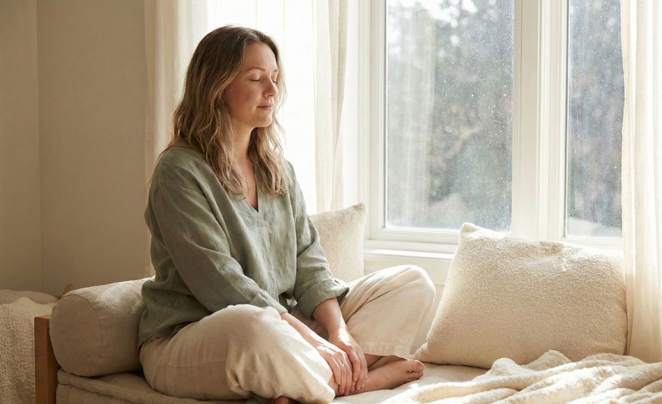 Una mujer practicando meditación de mindfulness en un salón luminoso y calmado.