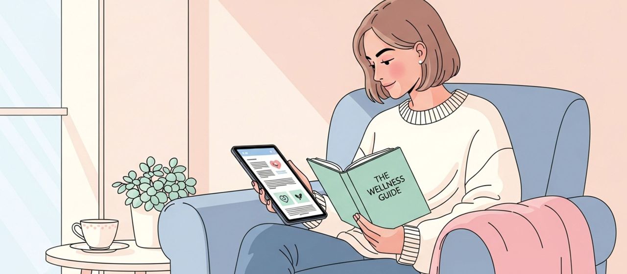 Ilustración de una mujer leyendo una guía de salud en su portátil en tonos pastel suaves, representando el aprendizaje de información precisa sobre la anatomía femenina.