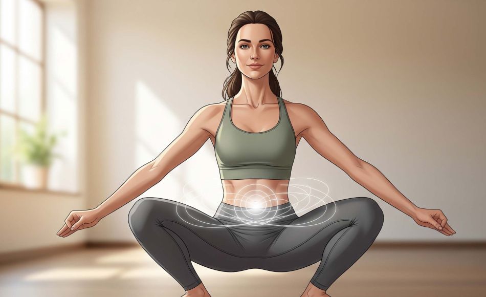 Mujer practicando squat de yoga para fortalecer el suelo pélvico