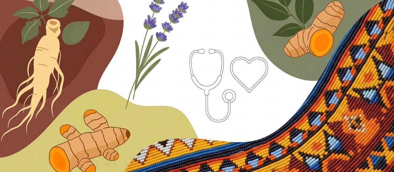 Una colección de objetos que representan diferentes enfoques culturales de la salud, como hierbas, un recipiente tradicional de cuentas y un diagrama médico moderno.
