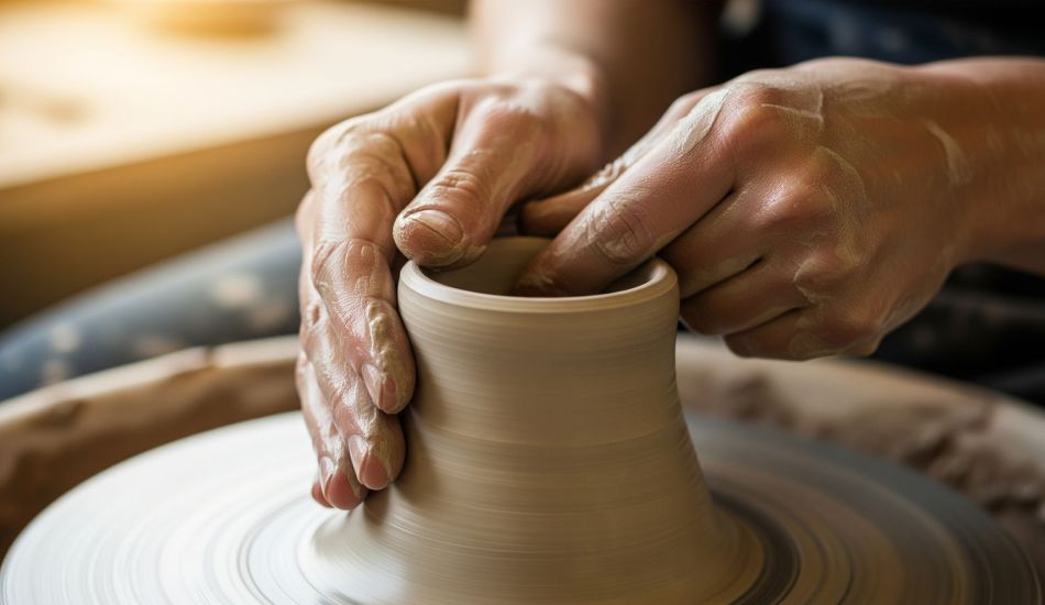 Manos diversas dando forma colaborativamente a una pieza de arcilla en un torno de alfarero, simbolizando la expresión creativa compartida a través de las culturas.