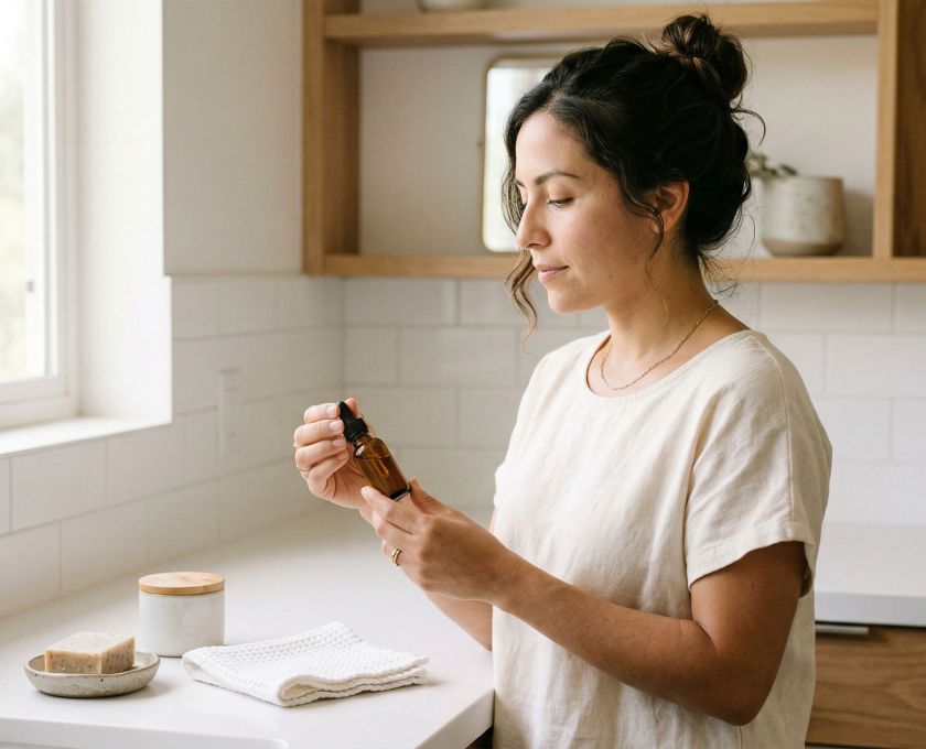 Mujer revisando productos de higiene en un baño limpio, representando el cuidado basado en el microbioma