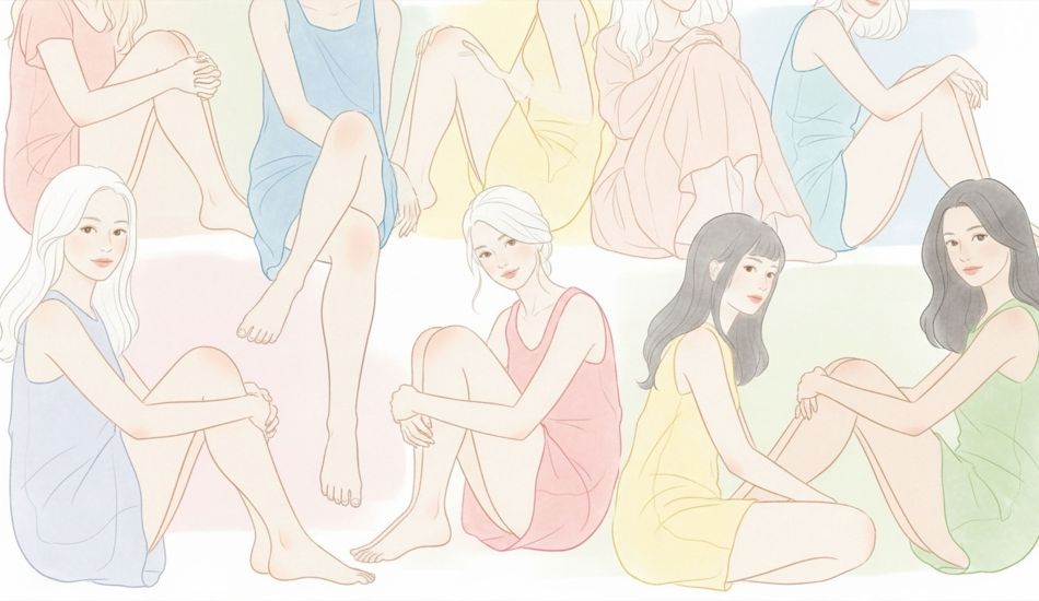 Ilustración suave en tonos pastel de mujeres sentadas con modestia, simbolizando la comodidad con la apariencia del propio cuerpo.