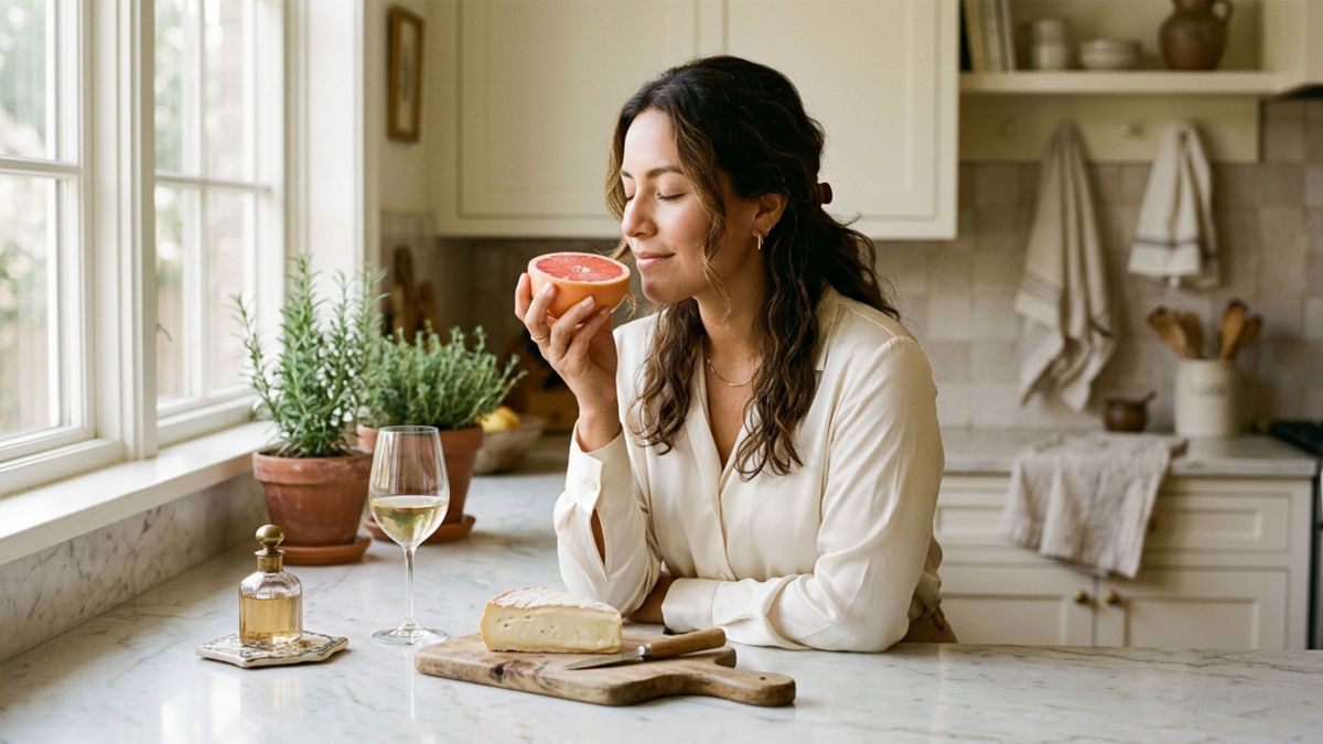 Mujer que inhala el aroma de un pomelo junto a una encimera de cocina iluminada por el sol, con vino y queso al lado, en una escena que ilustra la química del olor humano.
