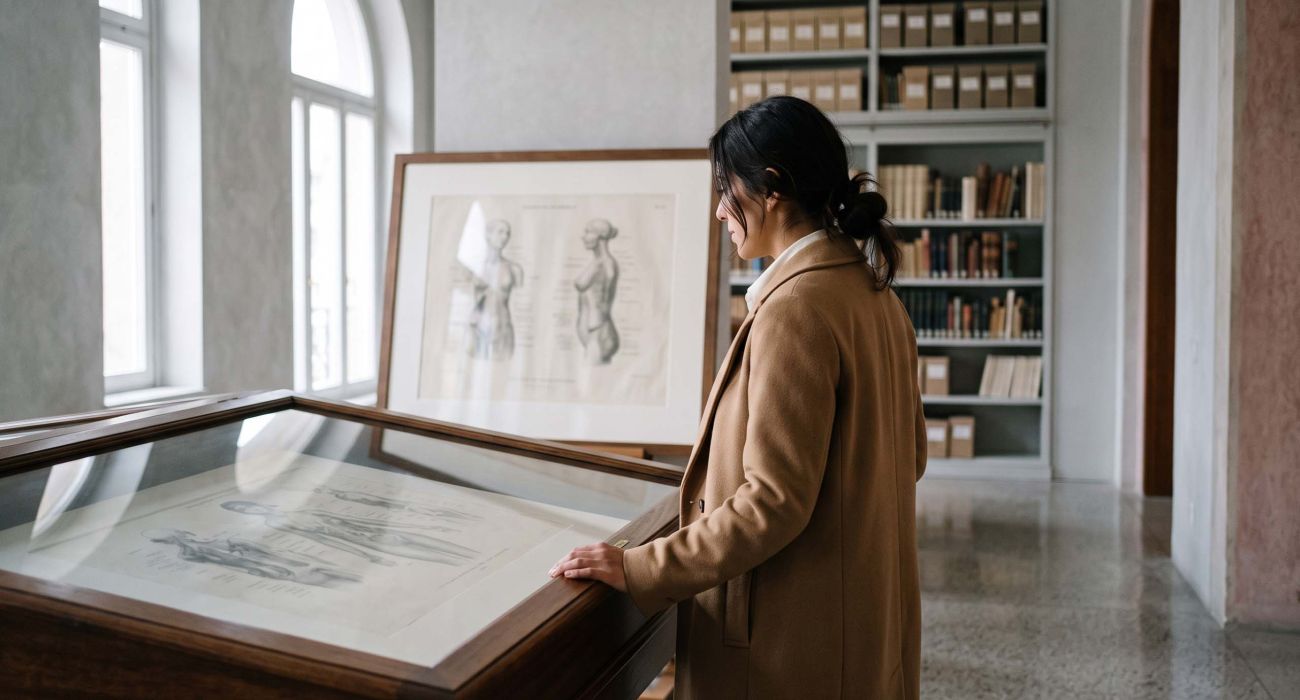 Mujer con abrigo color camel observando un grabado anatómico del siglo XIX enmarcado en un archivo museístico, que ilustra la historia de cómo se representaba la anatomía femenina