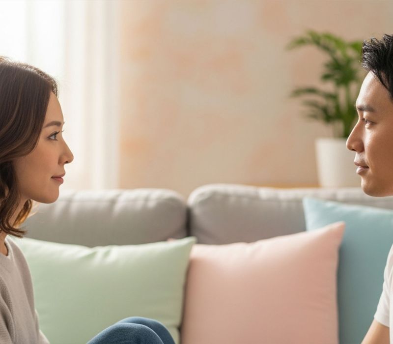 Mujer hablando con su pareja sentados en la cama, conversando con calma sobre límites sexuales y consentimiento