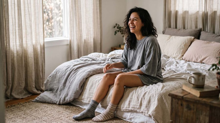 Mujer sentada en el borde de una cama sin hacer, con una camiseta de algodón extragrande y calcetines desparejados bajo una suave luz matutina, ilustrando lo que realmente usan las mujeres para dormir.