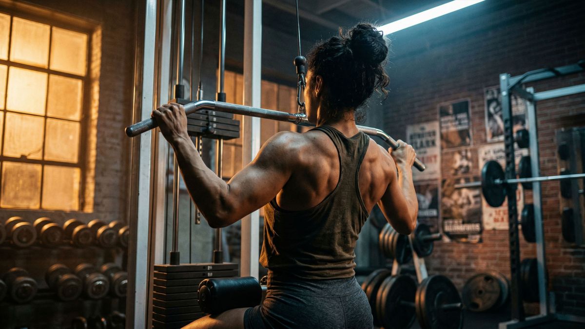 Fuerte atleta femenina entrenando en el gimnasio, vista trasera mostrando músculos definidos de espalda y brazos bajo iluminación lateral dramática