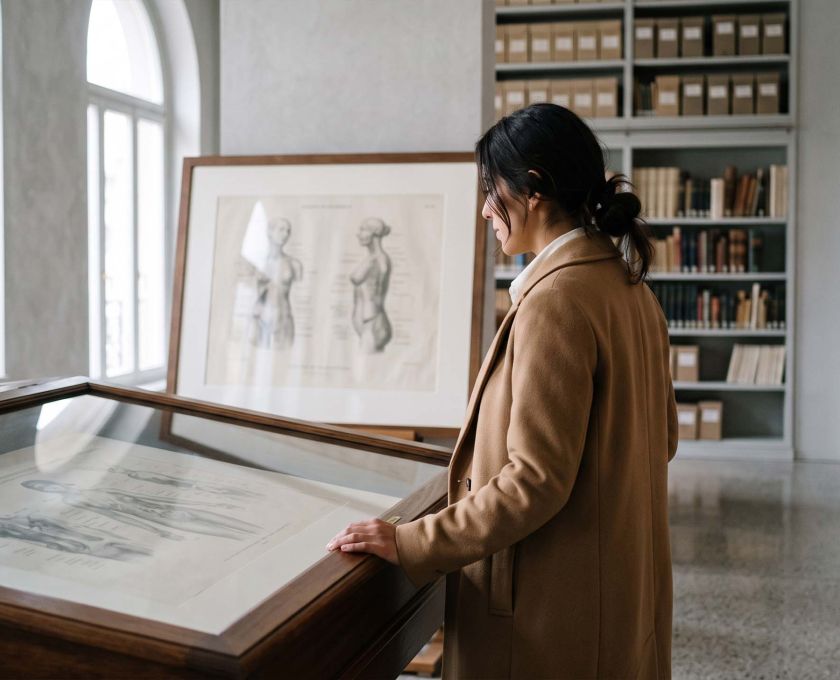 Mujer con abrigo color camel observando un grabado anatómico del siglo XIX enmarcado en un archivo museístico, que ilustra la historia de cómo se representaba la anatomía femenina
