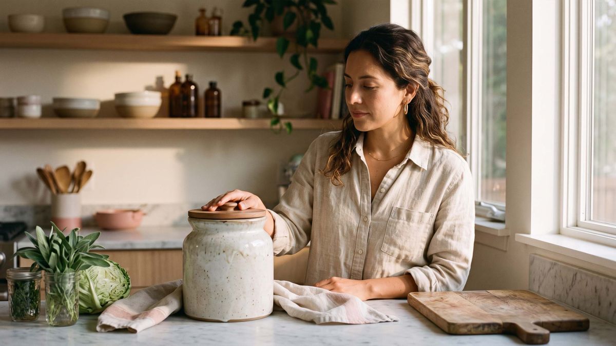 Mujer vestida de lino en una encimera de cocina iluminada por el sol con una vasija de fermentación, ilustrando las bacterias del ácido láctico detrás del microbioma vaginal