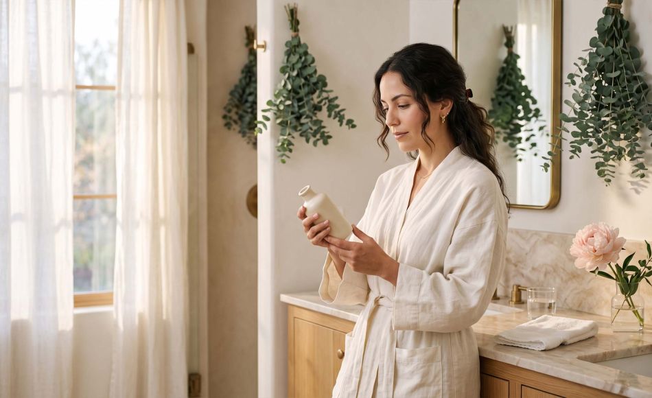 Mujer con una bata color marfil leyendo atentamente la etiqueta de un producto de cuidado íntimo sin fragancias en un baño iluminado por la luz natural.