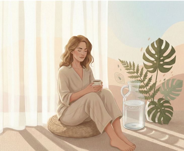 Escena ilustrada que representa el equilibrio y la comodidad en la salud vaginal de la mujer