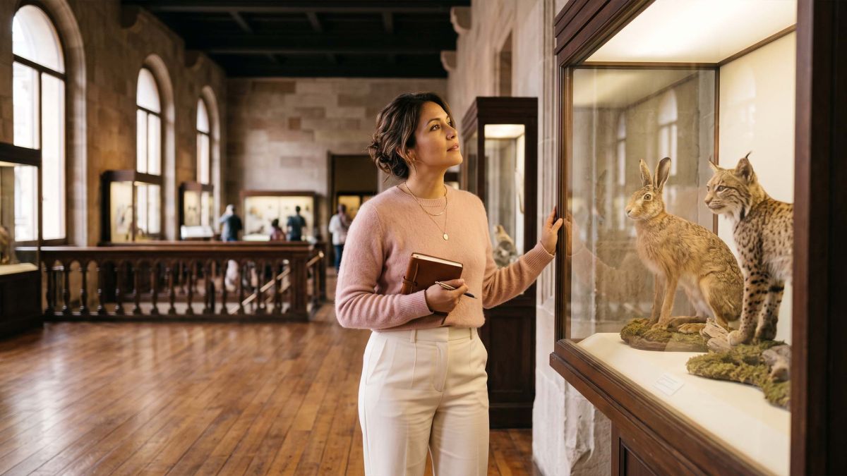 Mujer en un museo de historia natural estudiando especímenes de mamíferos, ilustrando cómo la evolución moldeó la anatomía femenina entre distintas especies