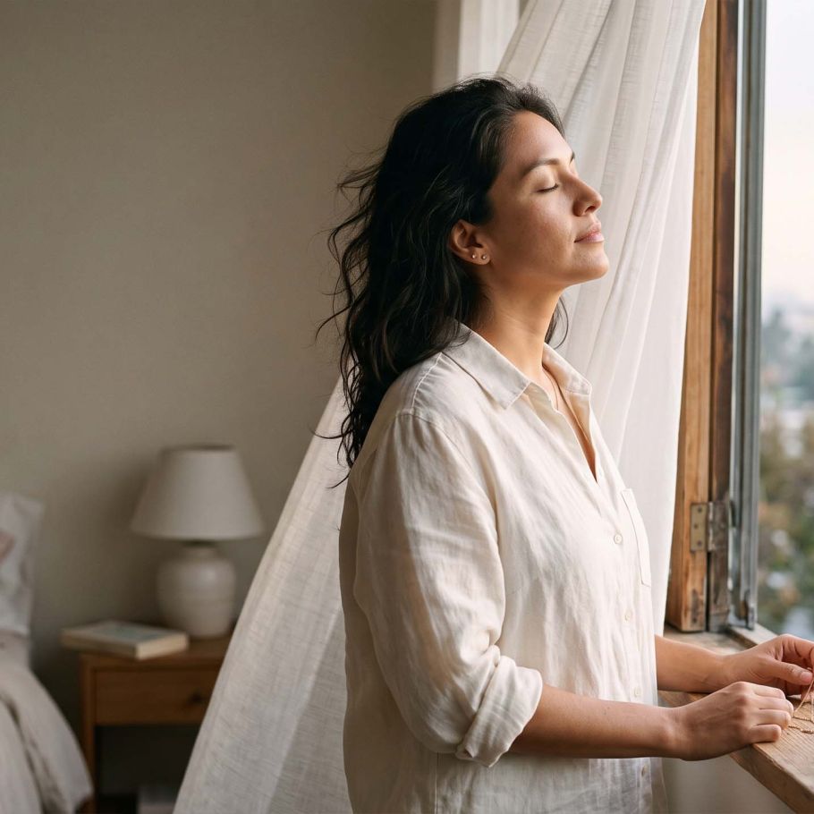 Mujer con lino color marfil junto a una ventana abierta bajo una suave luz matutina, ilustrando la ciencia natural del olor corporal femenino