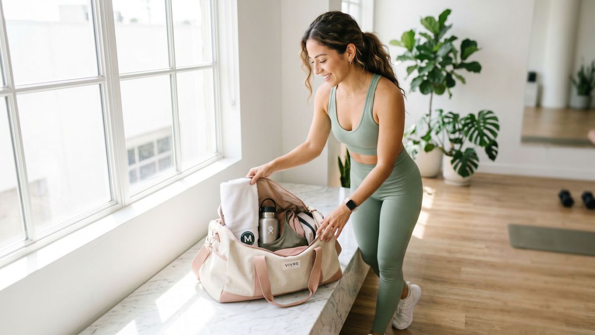Mujer con ropa deportiva clara dejando una bolsa de gimnasio tras entrenar, luz natural